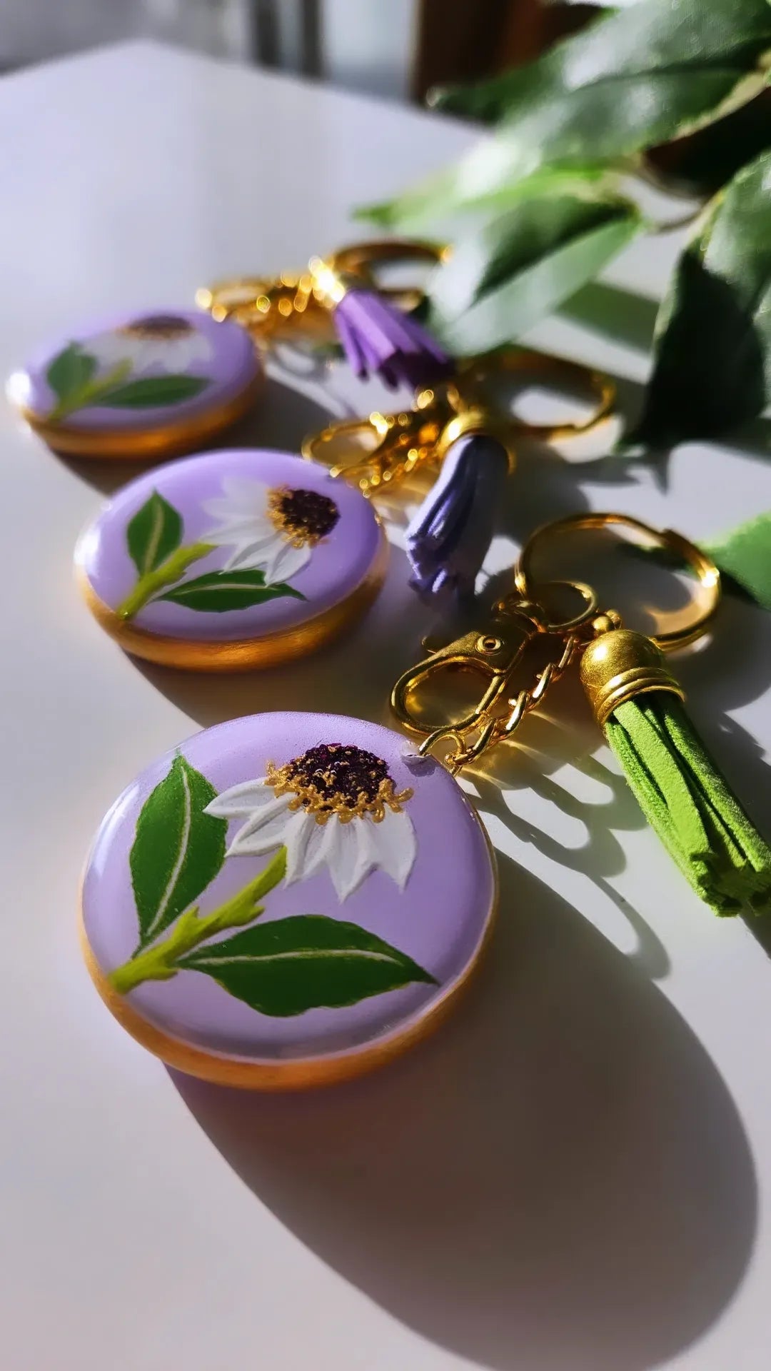 Hand Painted Floral Keychains | White Windflowers