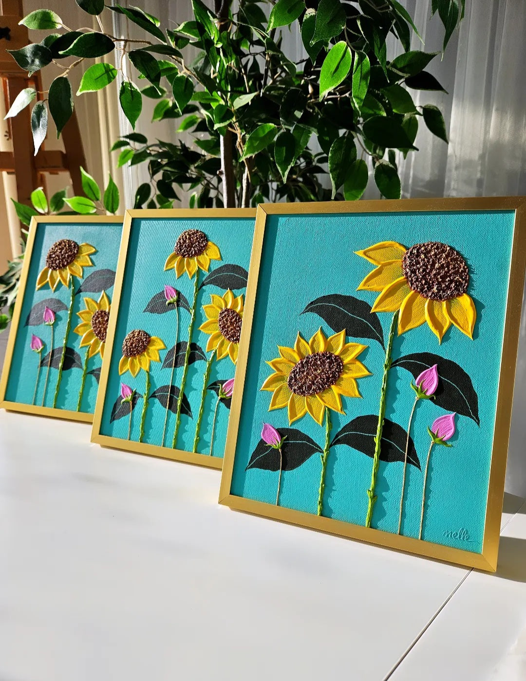 Original | Textured Floral Paintings | Set of 3 | "Sunflower Vines"