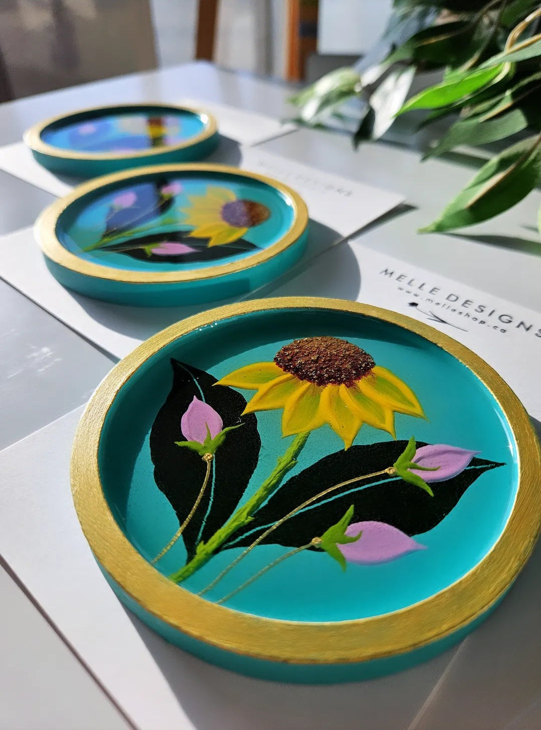 Hand Painted Floral Coasters & Jewelry Trays | Sunflower Vines