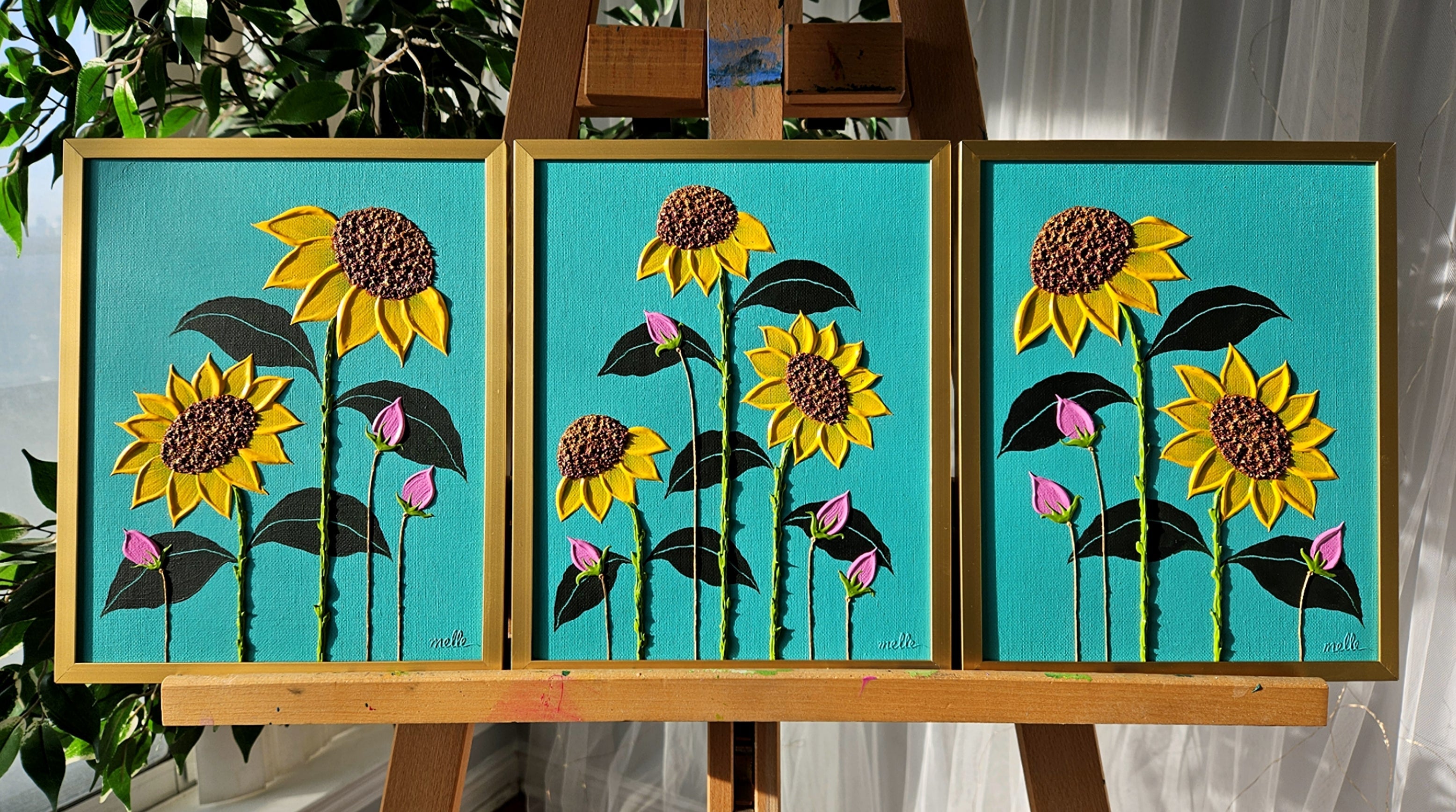 Original | Textured Floral Paintings | Set of 3 | "Sunflower Vines"