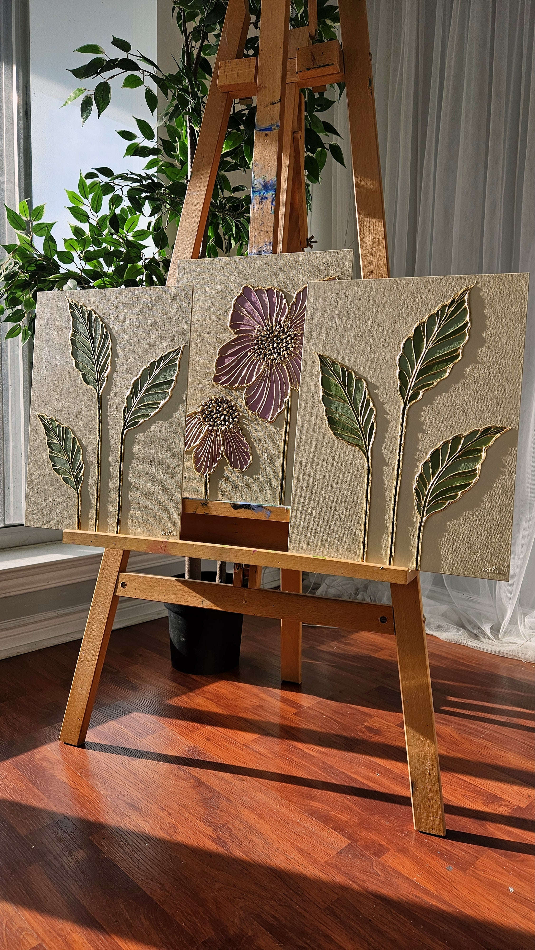 Original | Textured Floral Paintings | Set of 3 | "Vintage Vines"