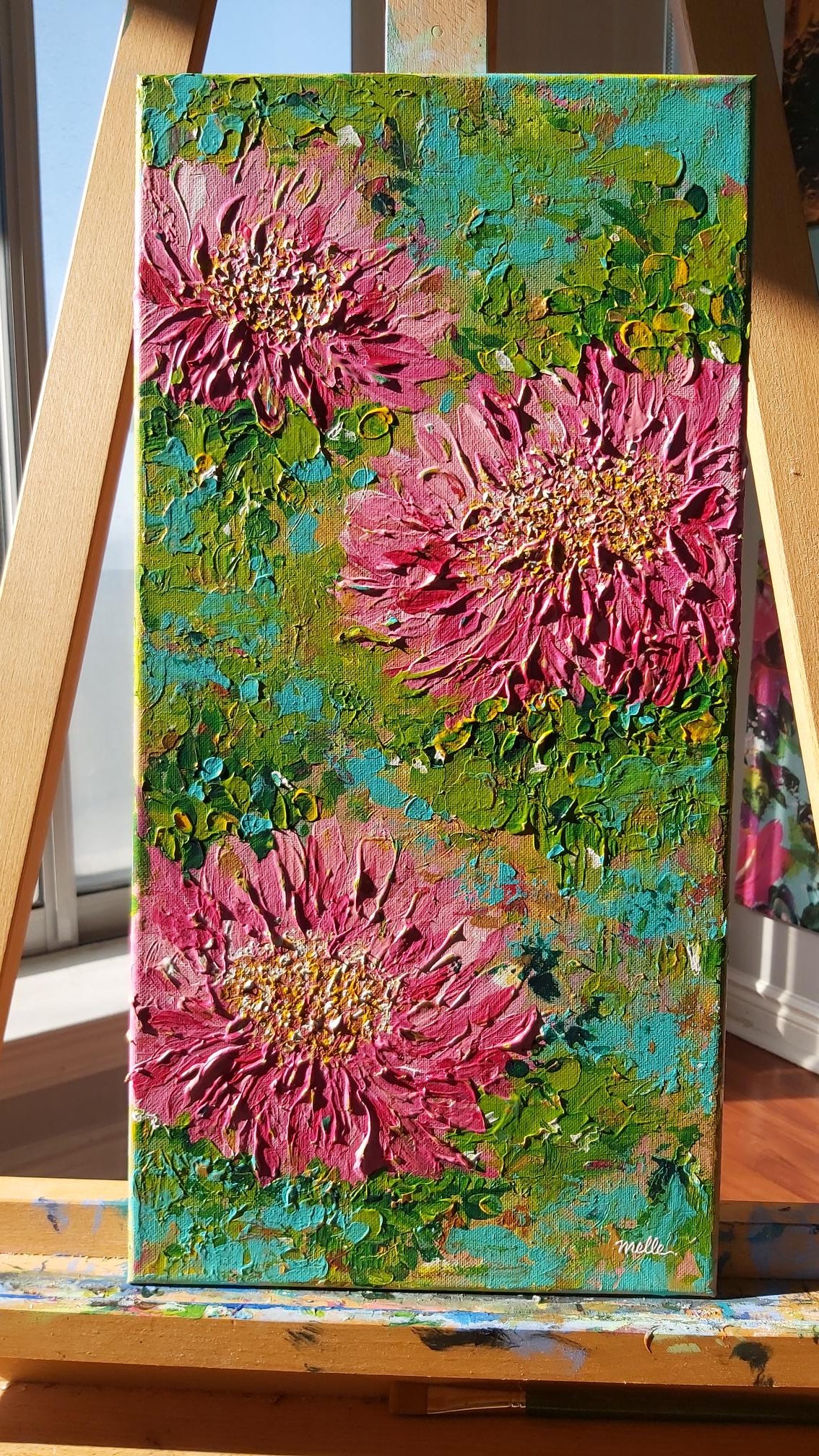 Original | Textured Floral Artwork | "Water Lilies Dancing in the Sun" | 20x10in