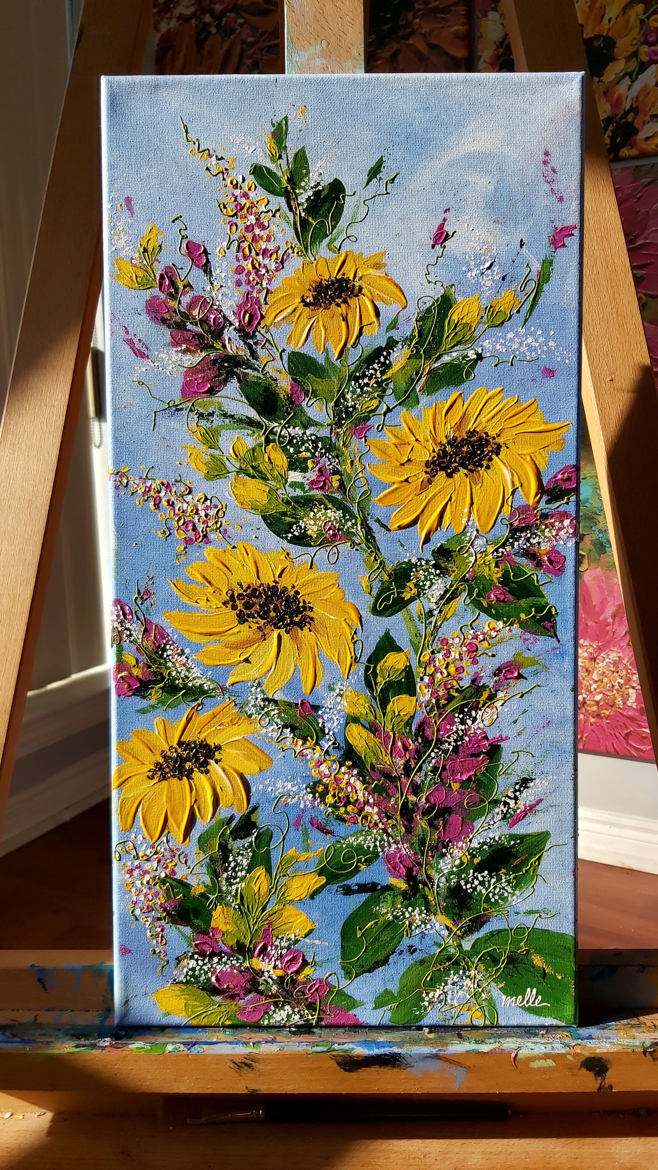 Original | Textured Floral Artwork | "Blooming Sunflowers" | 20x10in