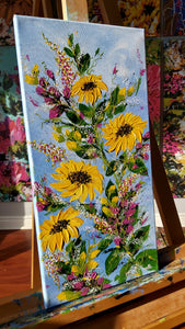 Original | Textured Floral Artwork | "Blooming Sunflowers" | 20x10in