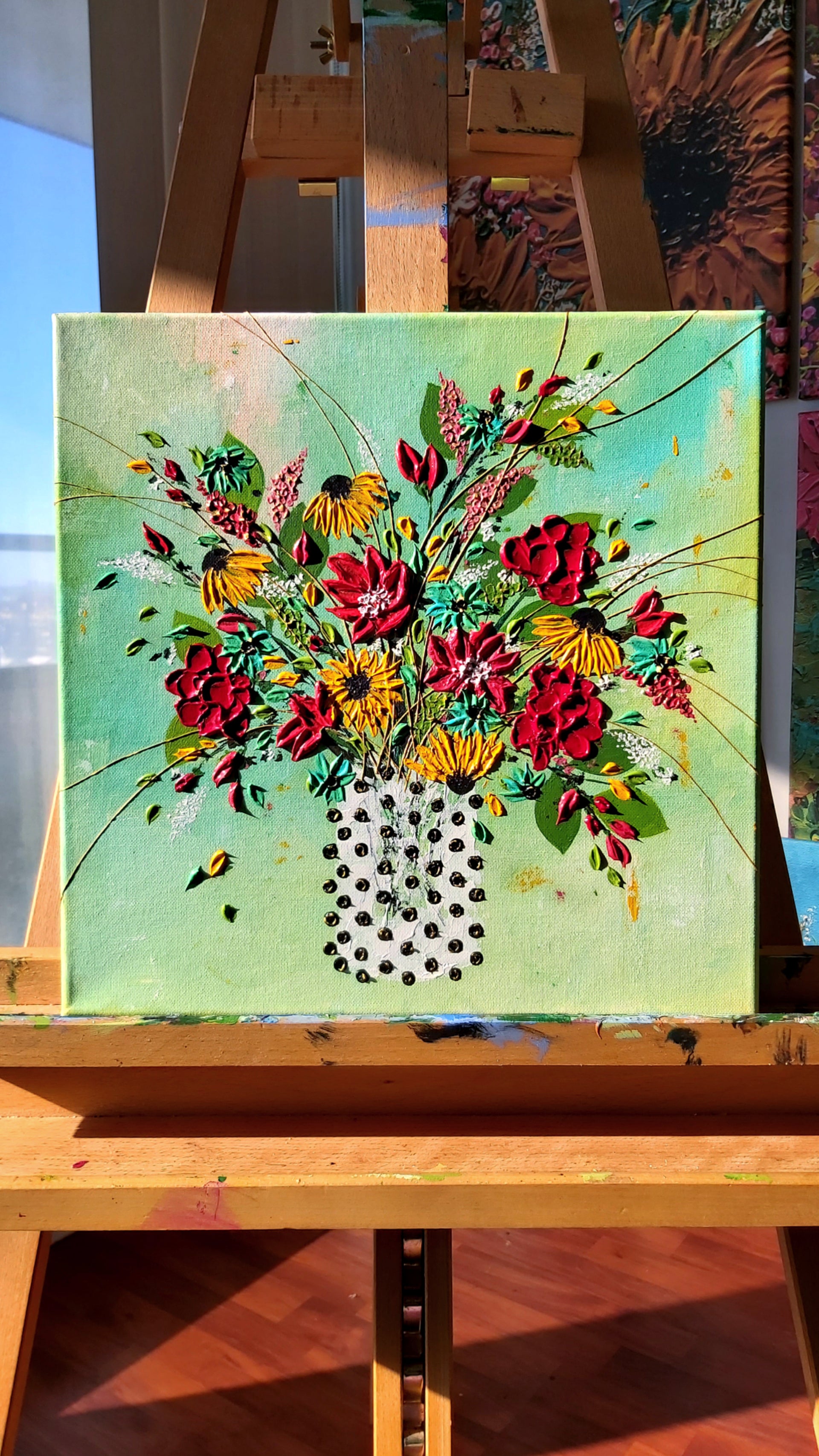 Original | Textured Floral Artwork | "The Polka Dotted Vase" | 14x14in