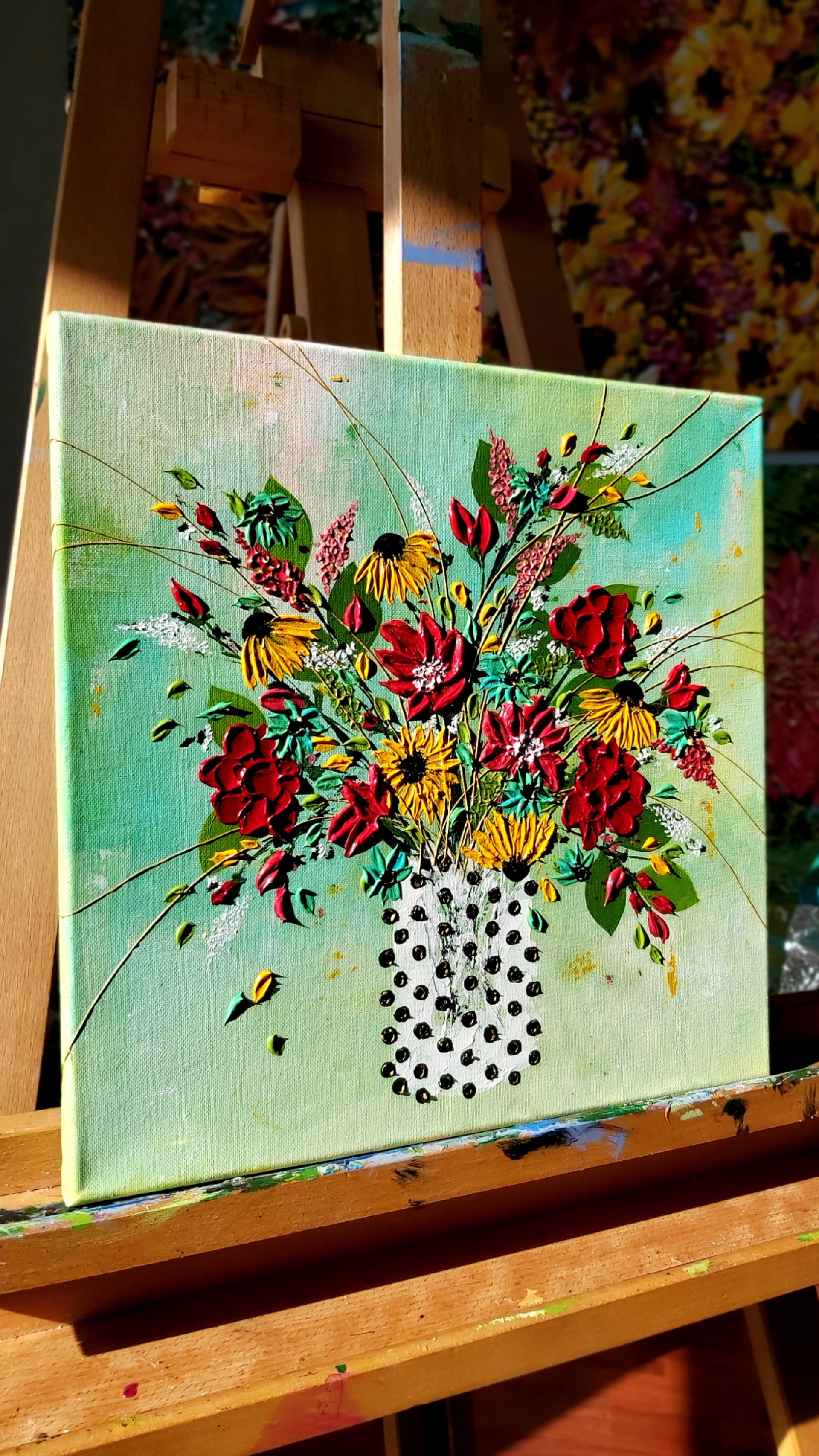 Original | Textured Floral Artwork | "The Polka Dotted Vase" | 14x14in