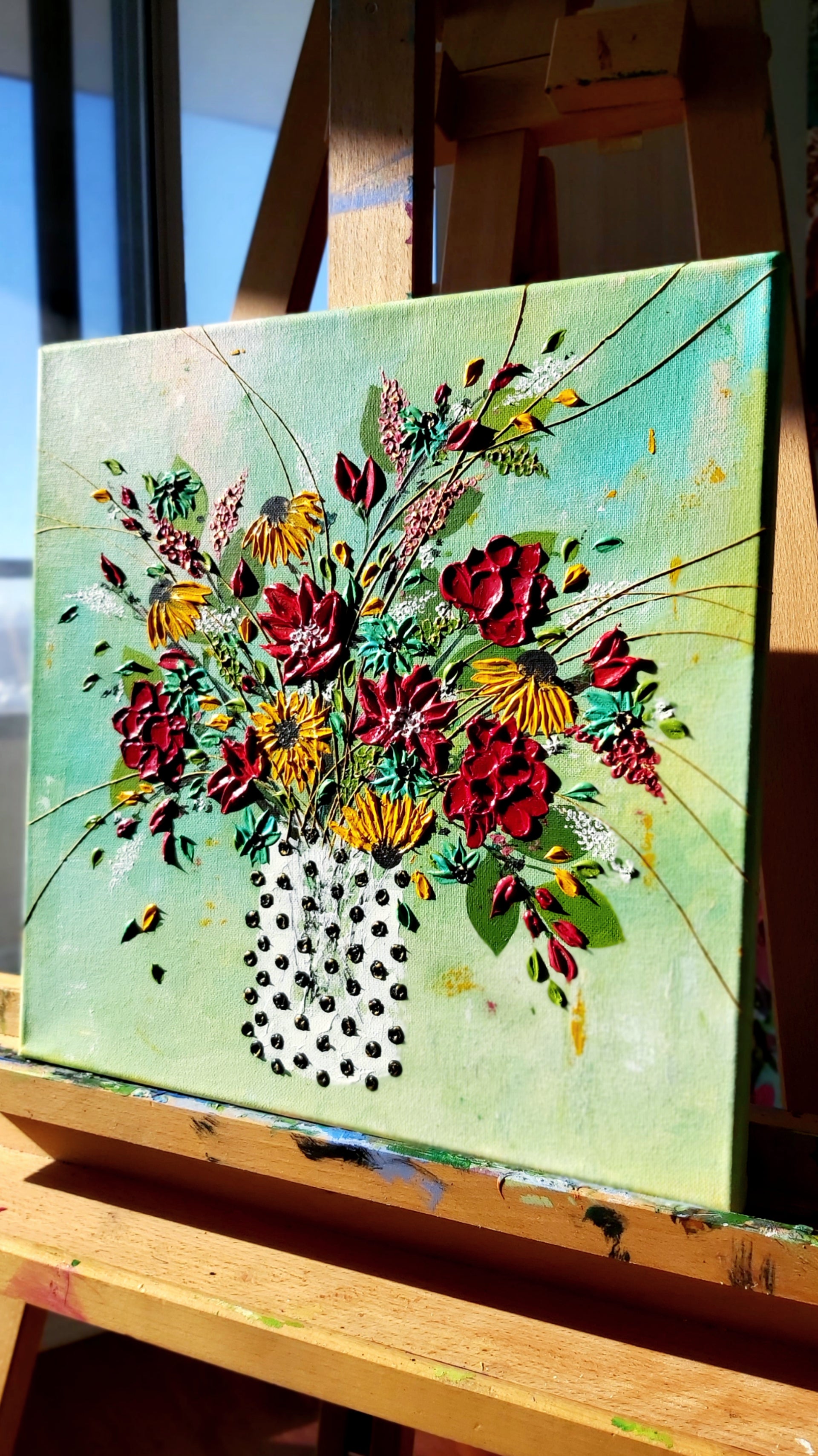 Original | Textured Floral Artwork | "The Polka Dotted Vase" | 14x14in